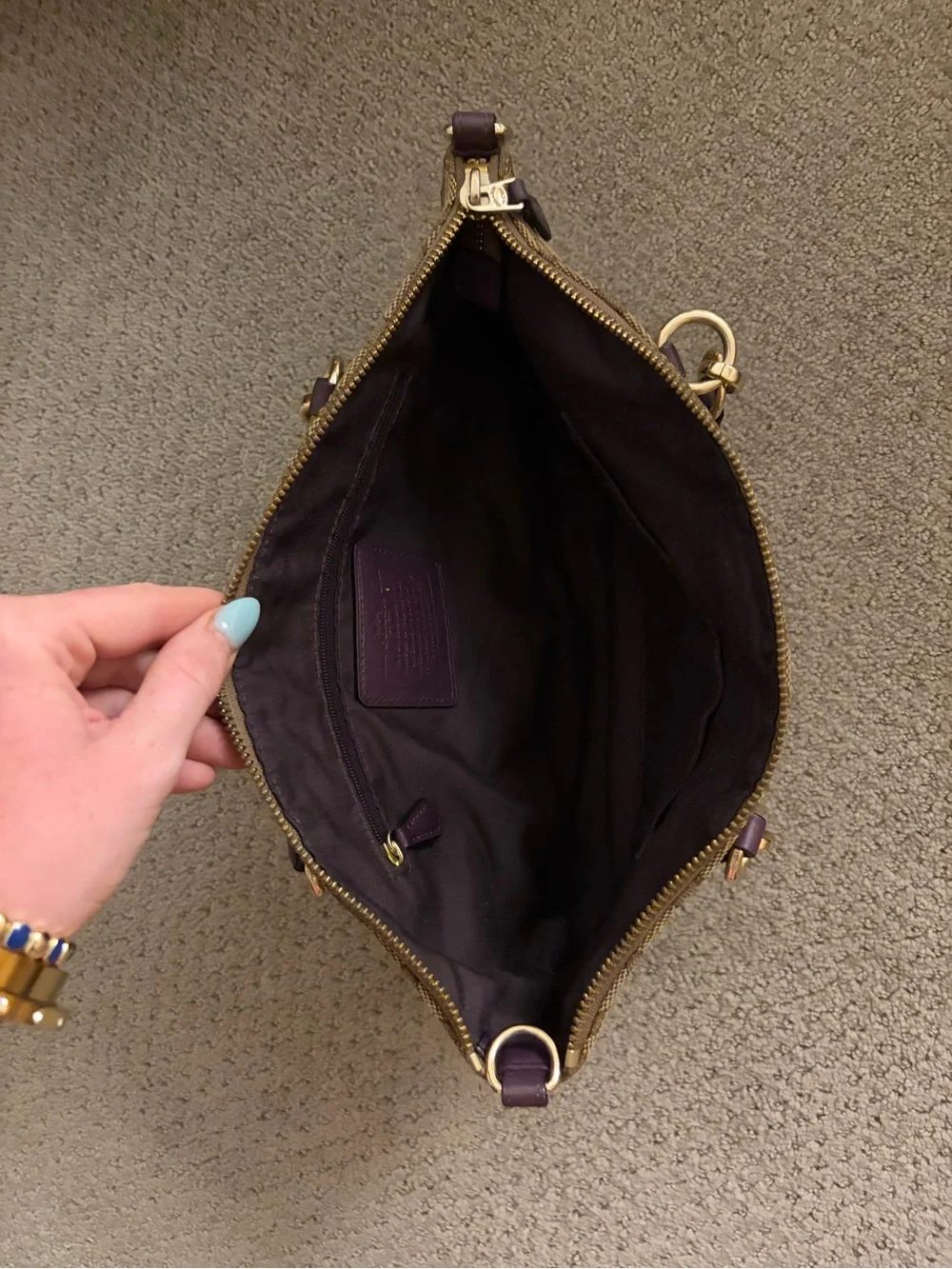 Coach Brown Signature Canvas Shoulder Bag with Dark Purple Handles